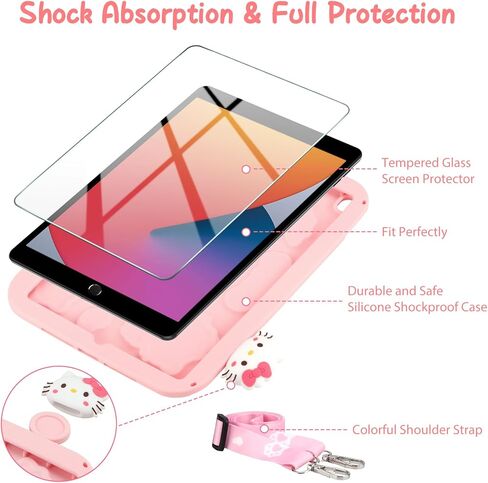 Coolden for iPad 9th 8th 7th Generation Case for Kid Girls iPad 10.2 Case with Screen Protector Kickstand Shoulder Strap Cute Cat Case Cartoon Silicone Protective Case for iPad 9th/8th/7th Gen-Pink in Kuwait