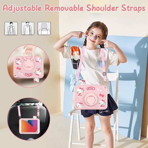 Coolden for iPad 9th 8th 7th Generation Case for Kid Girls iPad 10.2 Case with Screen Protector Kickstand Shoulder Strap Cute Cat Case Cartoon Silicone Protective Case for iPad 9th/8th/7th Gen-Pink in Kuwait