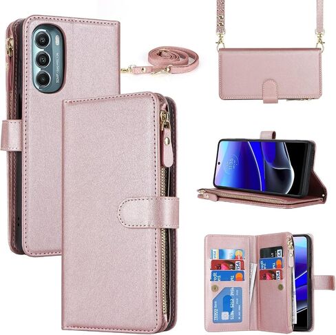 iCoverCase for Motorola Moto G Stylus 5G 2022 Wallet Case with Card Holder, Kickstand Feature PU Leather Case with Adjustable Crossbody Lanyard Magnetic Clasp Zipper Pocket Flip Cover (Rose Gold) in Saudi Arabia