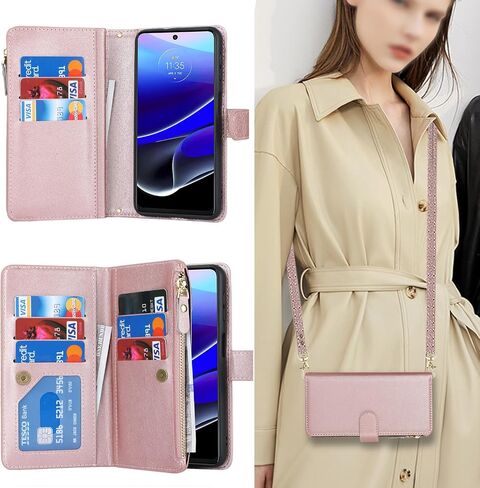 iCoverCase for Motorola Moto G Stylus 5G 2022 Wallet Case with Card Holder, Kickstand Feature PU Leather Case with Adjustable Crossbody Lanyard Magnetic Clasp Zipper Pocket Flip Cover (Rose Gold) in Saudi Arabia