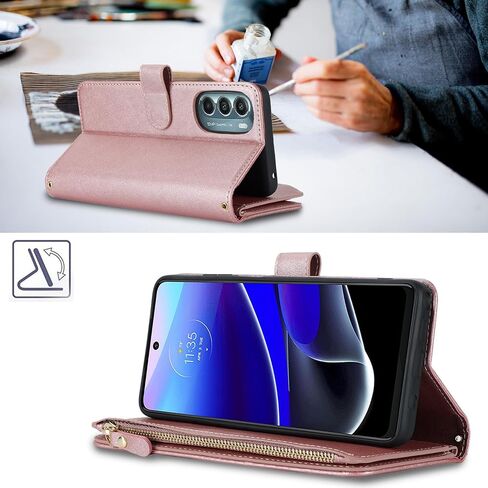 iCoverCase for Motorola Moto G Stylus 5G 2022 Wallet Case with Card Holder, Kickstand Feature PU Leather Case with Adjustable Crossbody Lanyard Magnetic Clasp Zipper Pocket Flip Cover (Rose Gold) in Saudi Arabia