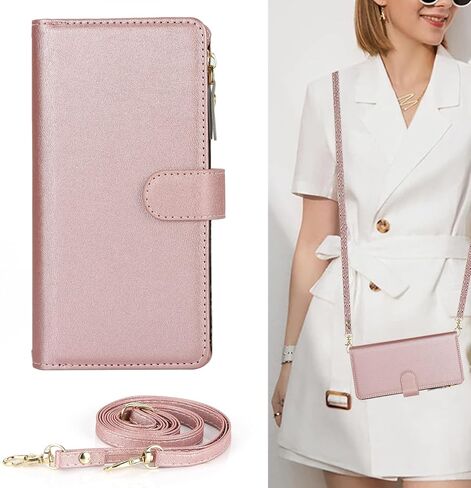 iCoverCase for Motorola Moto G Stylus 5G 2022 Wallet Case with Card Holder, Kickstand Feature PU Leather Case with Adjustable Crossbody Lanyard Magnetic Clasp Zipper Pocket Flip Cover (Rose Gold) in Saudi Arabia