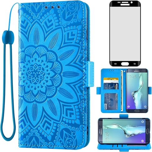 Asuwish Phone Case for Samsung Galaxy S6 Edge with Tempered Glass Screen Protector and Flower Leather Wallet Flip Cover Credit Card Holder Cell Accessories Glaxay S6edge 6s 6 S 6edge Women Men Blue in Saudi Arabia