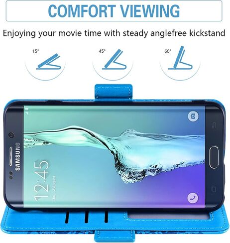 Asuwish Phone Case for Samsung Galaxy S6 Edge with Tempered Glass Screen Protector and Flower Leather Wallet Flip Cover Credit Card Holder Cell Accessories Glaxay S6edge 6s 6 S 6edge Women Men Blue in Saudi Arabia