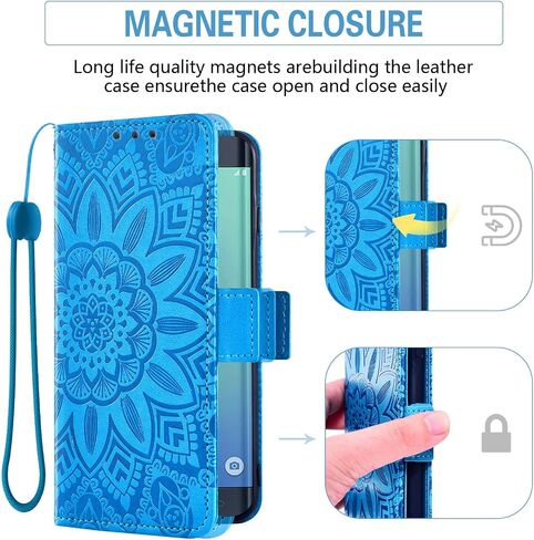 Asuwish Phone Case for Samsung Galaxy S6 Edge with Tempered Glass Screen Protector and Flower Leather Wallet Flip Cover Credit Card Holder Cell Accessories Glaxay S6edge 6s 6 S 6edge Women Men Blue in Saudi Arabia
