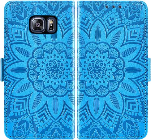 Asuwish Phone Case for Samsung Galaxy S6 Edge with Tempered Glass Screen Protector and Flower Leather Wallet Flip Cover Credit Card Holder Cell Accessories Glaxay S6edge 6s 6 S 6edge Women Men Blue in Saudi Arabia