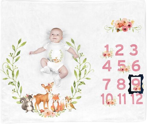 مستلزمات الأطفال من Woodland Animals، بطانية شهر الطفل لالتقاط الصور حديثي الولادة - بطانية عمر الطفل مع إطارين B34-1 in Kuwait