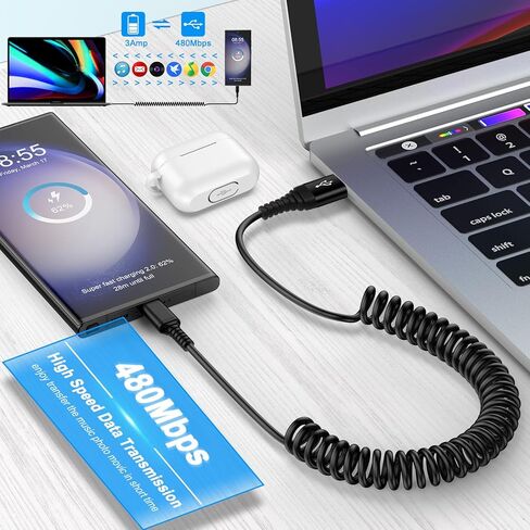 كابل من النوع A إلى USB C شحن سريع سلك شاحن سيارة بطول 3أقدام لهاتف iPhone 15 Pro Max/Pro/Plus/15، Samsung Galaxy S24 Ultra A15 A25 S23 FE S22 S21 Z Fold 5 Flip 5 A54 A14، هاتف Android ملفوف قابل للسحب in Kuwait