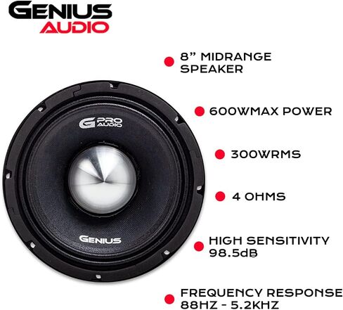 Genius Audio GPRO-M178 8", 600 Watts Max - 300 Watts RMS, High Power Pro Audio Midrange Speakers, Aluminium Bullet Car Audio Speaker, Ferrite Magnet, 4 Ohm, Reinforced Paper Cone (1 Speaker) in Saudi Arabia