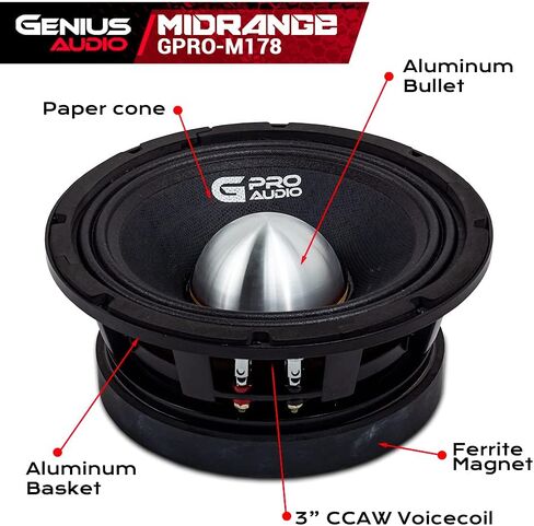 Genius Audio GPRO-M178 8", 600 Watts Max - 300 Watts RMS, High Power Pro Audio Midrange Speakers, Aluminium Bullet Car Audio Speaker, Ferrite Magnet, 4 Ohm, Reinforced Paper Cone (1 Speaker) in Saudi Arabia