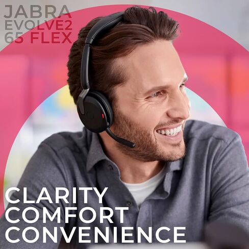 Jabra Evolve2 65 Flex UC Stereo Bluetooth Noise Cancelling Headphones, Link380a, Wireless Charger Compatible with Mac PC,Smartphones, Tablets - with Microfiber Cloth, Global Teck Gold Support Plan in Saudi Arabia