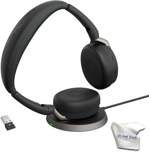 Jabra Evolve2 65 Flex UC Stereo Bluetooth Noise Cancelling Headphones, Link380a, Wireless Charger Compatible with Mac PC,Smartphones, Tablets - with Microfiber Cloth, Global Teck Gold Support Plan in Saudi Arabia