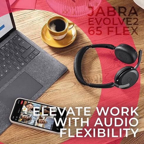 Jabra Evolve2 65 Flex UC Stereo Bluetooth Noise Cancelling Headphones, Link380a, Wireless Charger Compatible with Mac PC,Smartphones, Tablets - with Microfiber Cloth, Global Teck Gold Support Plan in Saudi Arabia