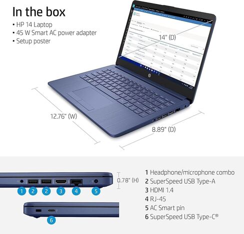 HP Laptop, Newest 14" Ultral Light Laptop for Students and Business, Intel Celeron N4120, 16GB RAM, 192GB Storage(64GB eMMC+128GB Micro SD), WiFi, Bluetooth, HDMI, Webcam, USB-A&C, Win11 S-White in Saudi Arabia