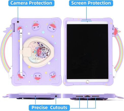 [Super Cute Rainbow Handle Unicorn Case] Kids 9.7 Inch iPad Air 1st Gen, 2018 iPad 6th Gen / 2017 iPad 5th Gen Pop it Case Cover for Kids Girls with Hand Strap and 360° Rotating Stand - Purple in Saudi Arabia