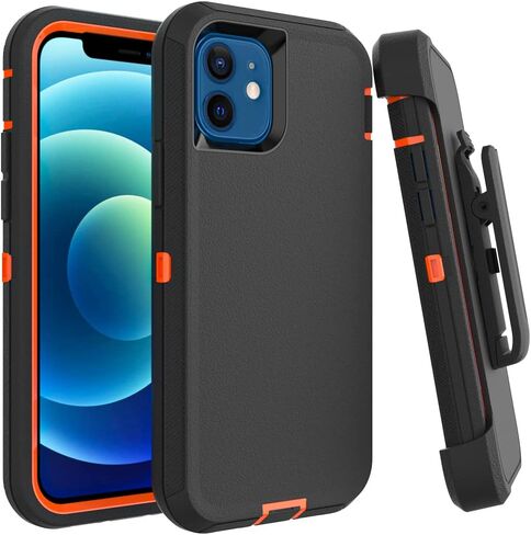 Case for iPhone 12 & 12 Pro with Clip, Heavy-Duty Tough Rugged Shockproof Drop Protective Cover Phone Cases, Black+Orange in Saudi Arabia