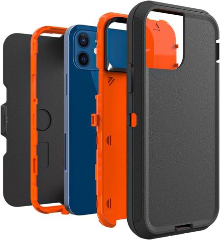 Case for iPhone 12 & 12 Pro with Clip, Heavy-Duty Tough Rugged Shockproof Drop Protective Cover Phone Cases, Black+Orange in Saudi Arabia