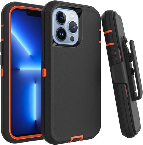 Case for iPhone 12 & 12 Pro with Clip, Heavy-Duty Tough Rugged Shockproof Drop Protective Cover Phone Cases, Black+Orange in Saudi Arabia