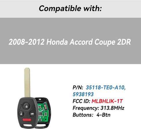 Car Key Fob for Honda Accord Remote Key Replacement for 2008 2009 2010 2011 2012 Honda Accord Keyless Entry Remote MLBHLIK-1T , 35118-TE0-A10, 5938193 (Pack of 2) in Saudi Arabia