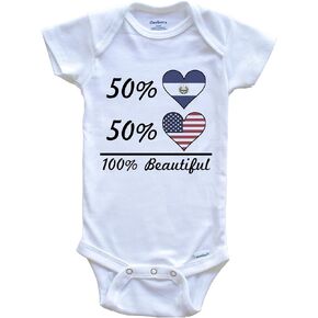 50% El Salvadorian 50% American 100% Beautiful El Salvador Flag Heart One Piece Baby Bodysuit