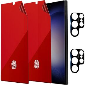 2 Pack Anti-Blue Privacy Screen Protector for Samsung Galaxy S23 Ultra Anti-Spy Soft Red Film Support Finger Unlock 6.8 inch + 2 Pack Camera Lens Glass Protector