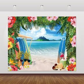 Beach Backdrop 10x8ft Summer Tropical Beach Hawaiian Party Banner Surfboard Sea Ocean Seaside Island Palm Leaves Background Luau Hawaii Aloha Party Decoration Supplies