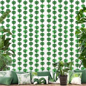2 Pack of 3.3x6.6ft Green Tropical Party Decorations Jungle Leaf Foil Fringe Curtain Streamers Backdrop Hawaiian Themed Tropical Palm Leaves Party Decorations Dinosaur Birthday Party Decoration