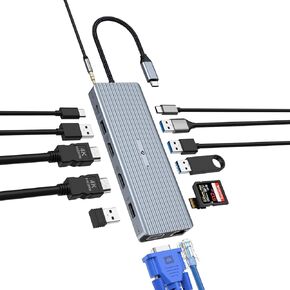14 in 1 USB C Docking Station, USB C Adapter with Dual 4K HDMI, VGA, USB A 3.1, USB C 3.1, 4 USB A 2.0 Ports, Gigabit Ethernet, SD/TF Card Readers, 100W PD, and 3.5mm