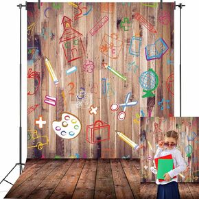 2024 Back to School Backdrop for Photography 5X7FT Hand Painted Pencils House Books on Vintage Retro Wood Floor Background for Kids Party Decorations Photoshoot Studio Props