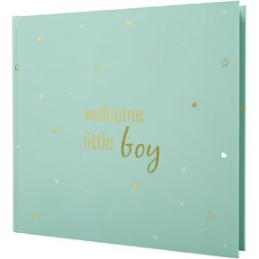 Happy Homewares Welcome Little Boy Soft Pastel Aqua Blue Guest Book for Baby Shower or Christening with Gold Text | 40 Inner Sheets | Personalise The Name Place and Date