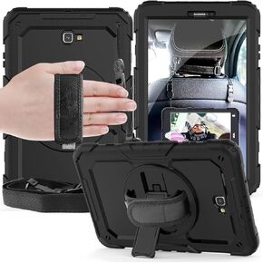 Case for Samsung Galaxy Tab A 10.1 Case 2016 SM-T580/T585 with Screen Protector Kids Shockproof Rugged Cover Pencil Holder 360 Kickstand Hand Shoulder Strap Black