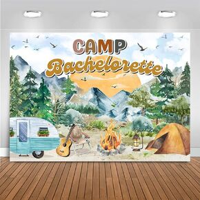 Mocscika Camp Bachelorette Backdrop for Adult Camping Bachelorette Party Decorations Banner Mountain Lake Hiking Bridal Shower Photography Background (Orange, 6x4ft(72''x48''))