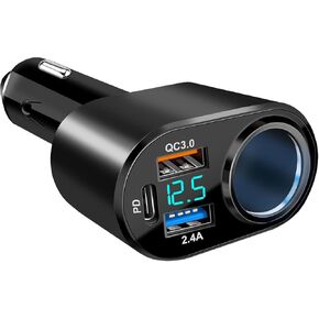 USB C Car Charger, 90W Cigarette Lighter Adapter USB Charger Fast Charging PD QC 3.0, Car Charger Socket Splitter with 3 USB Ports LED Voltmeter Compatible for iPhone Samsung Pixel GPS
