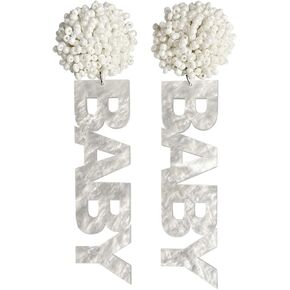 BABY Sign Earrings for Gender Reveal, Pregnancy Announcement, Baby Shower Party decorations – by JTRF (White)
