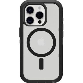 OtterBox iPhone 15 Pro (Only) Defender Series XT Clear Case - DARK SIDE (Black/Clear), screenless, rugged , snaps to MagSafe, lanyard attachment (ships in polybag, ideal for business customers)