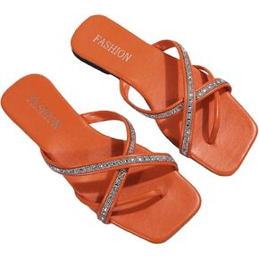 OYOANGLE Women's Rhinestone Strappy Criss Cross Thong Sandals Square Toe Slides Flat Sandals in Saudi Arabia