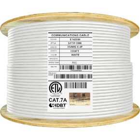 Elite CAT7A Shielded Riser (CMR), Ethernet Cable 1000ft Reel, Shielded Foil Twisted Pair (S/FTP) 23AWG, Solid Pure Bare Copper, 1000MHz, UL Certified, Easy Pull, Bulk Networking Cable - White