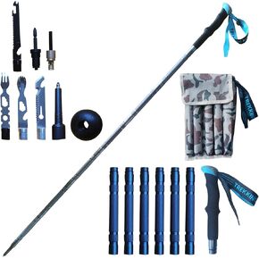 Versatile Trekking Pole with Accessories - Ideal for Hiking with Excellent Foam Grip Lightweight, Durable Tungsten Carbon Tip. Adjustable Length, Collapsible, Internal Storage, Canvas Carry Bag