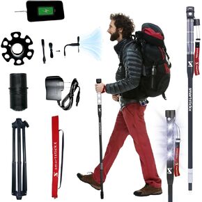 All-in-One High Tech Multi Purpose Trekking Pole Survival Walking Stick Aircraft Aluminum, Power Bank, 2 Bright LED Light Modes, Solar Rechargeable, Fan, Hiking, Camping, Outdoor