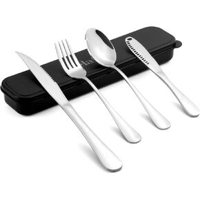 Travel Cutlery Set with Case Portable Silverware Utensils Set,5-pieces Stainless Steel Reusable Flatware Set Cutlery Set for Camping Picnic Hiking Office, Dishwasher Safe (matte black, 5.8)