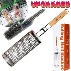 Rolling Grill Basket & Grill Brush Cleaner Set with Removable Wooden Handle - Portable Grill for Meat, Fish, Shrimp, Vegetables - Folding Basket - Perfect for Camping Stove & Grilling