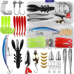 Fishing Lures Tackle Bait Kit Set - Comprehensive Fishing Lures Kit for Trout Bass Salmon - Includes Plastic Shrimp, Worm Bait, Spoon, and Crankbait Jigs