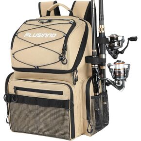 PLUSINNO Fishing Backpack with Rod Holders & Cooler, 45L Large Water-resistant Fishing Tackle Bag,Fishing Tackle Backpack