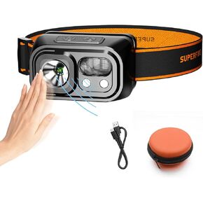 SuperFire Headlamp Rechargeable ，Lightweight Head Lamp with 9 Modes,IP44 Water Resistant,headlamp Flashlight for Running Fishing Hiking Camping,Rechargeable headlamps for Adults（with Storage Box）