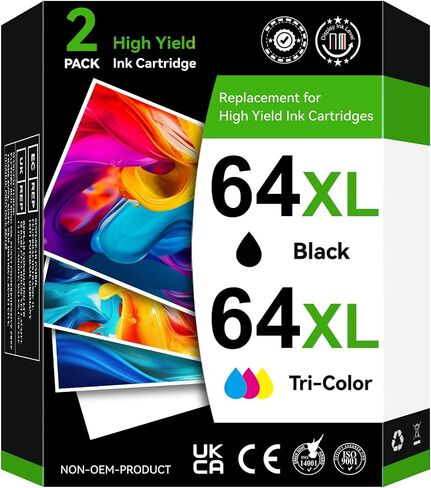 مجموعة خرطوشة حبر HP 64XL ذات إنتاجية عالية باللون الأسود/ثلاثي الألوان (عبوة من قطعتين) لحبر HP 64 تعمل لطابعة Envy Photo 7855 7858 7155 6255 6200 7100 7800 Tango Series Envy Inspire 7900e 7955e 7255e 7950e in Kuwait