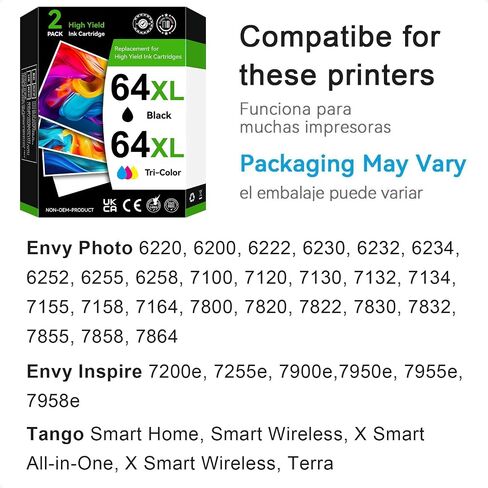 مجموعة خرطوشة حبر HP 64XL ذات إنتاجية عالية باللون الأسود/ثلاثي الألوان (عبوة من قطعتين) لحبر HP 64 تعمل لطابعة Envy Photo 7855 7858 7155 6255 6200 7100 7800 Tango Series Envy Inspire 7900e 7955e 7255e 7950e in Kuwait