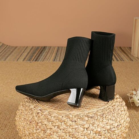 Ankle Boots for Women Dressy Comfy Knit Sock Booties Square Toe Chunky Heel Slip on Elastic Fall Booties in Kuwait