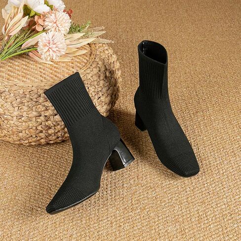 Ankle Boots for Women Dressy Comfy Knit Sock Booties Square Toe Chunky Heel Slip on Elastic Fall Booties in Kuwait