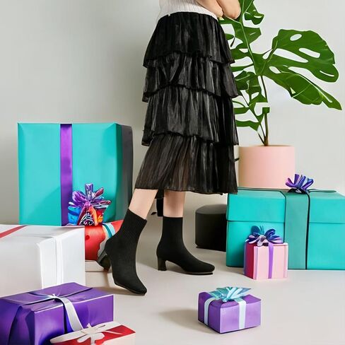 Ankle Boots for Women Dressy Comfy Knit Sock Booties Square Toe Chunky Heel Slip on Elastic Fall Booties in Kuwait