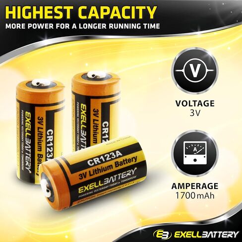 بطارية ليثيوم 10X 3.0V Exell EB-CR123A | أعلى سعة في السوق 1700 مللي أمبير| يناسب البصريات الليلية في الولايات المتحدة الأمريكية، بولسار، رؤية ليلية تحل محل EL123AP، VL123A، 123-SANYO، 5018LC، 6205، BR2/3A، CR123، CR123-2 in Kuwait